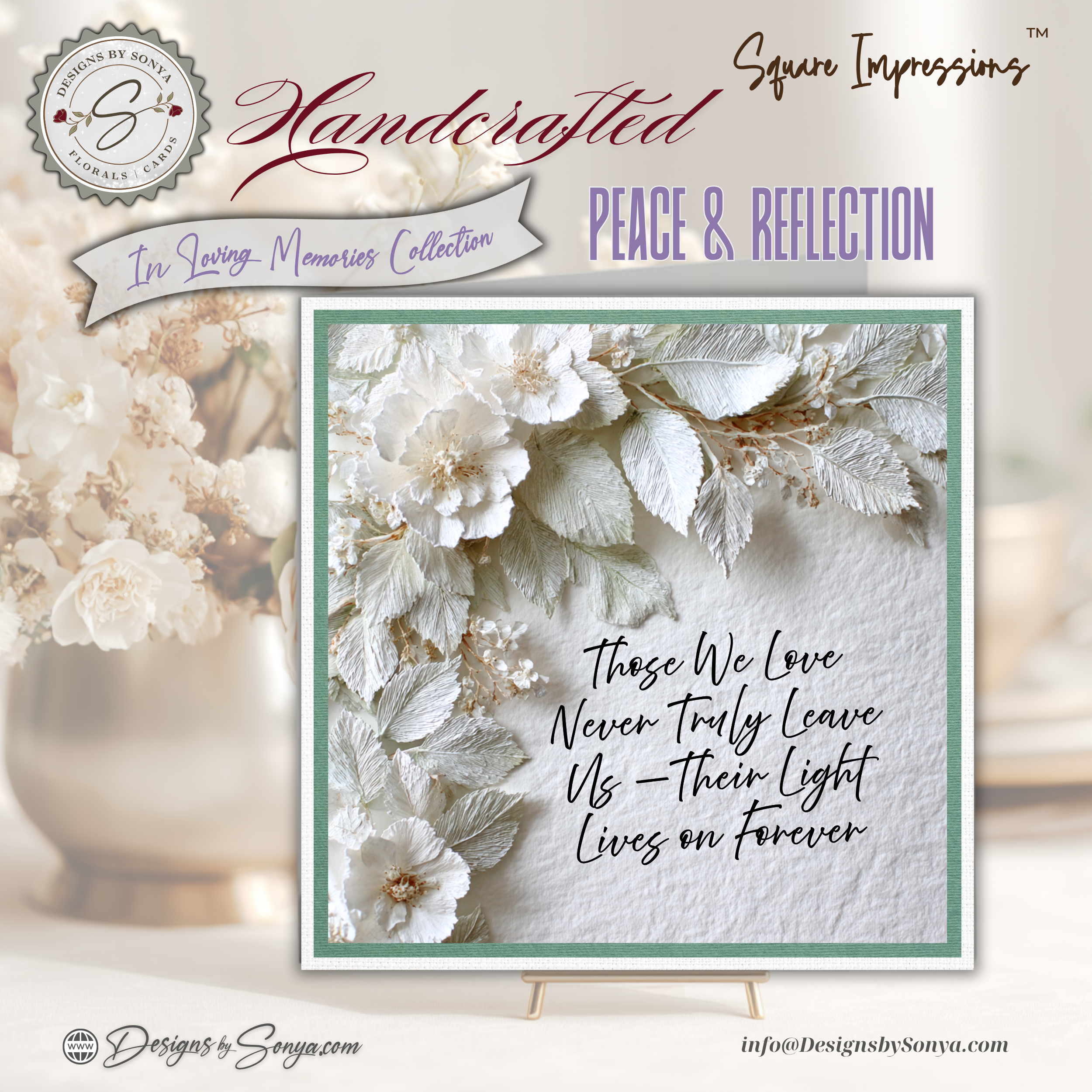 Handcrafted Square Sympathy Card – Peace & Reflection Florals, Memorial Condolence Card with Lined Coordinated Envelope, In Loving Memory Keepsake Gift