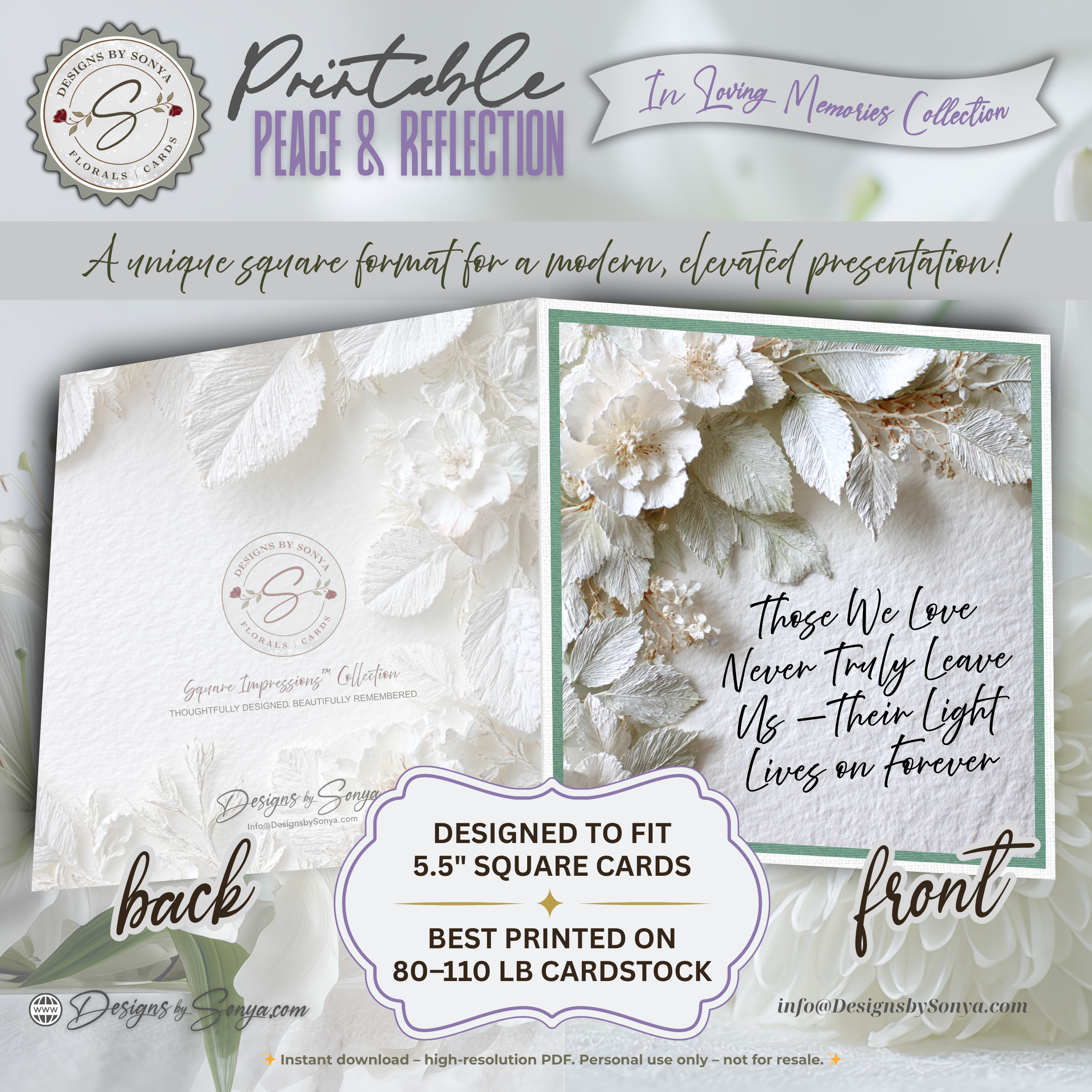 Printable Sympathy Card • In Loving Memory • Square Format 5.5” Card • Bonus Envelope Liner • Custom Message Insert • Instant Download PDF