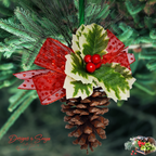 Pinecone Ornament on Tree
Rustic pinecone ornament with holly and glitter bow hanging on a Christmas tree branch, perfect for farmhouse or woodland holiday décor.