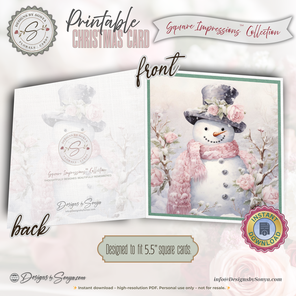Printable Pink Snowman Christmas Card | Square Floral Holiday Card | 5.5” Square | Envelope Liner | Instant Download | Pastel Winter Note Card