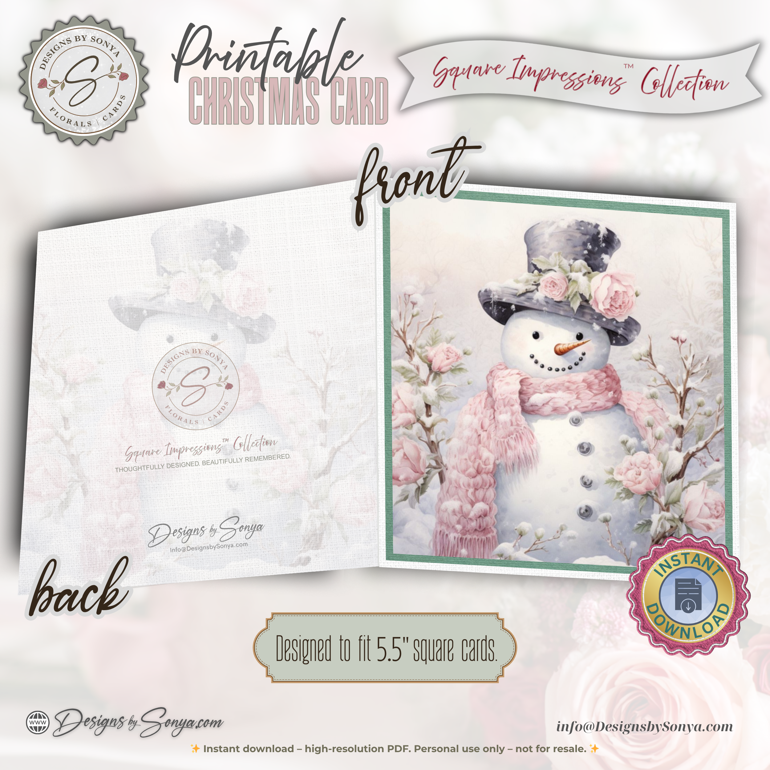 Printable Pink Snowman Christmas Card | Square Floral Holiday Card | 5.5” Square | Envelope Liner | Instant Download | Pastel Winter Note Card