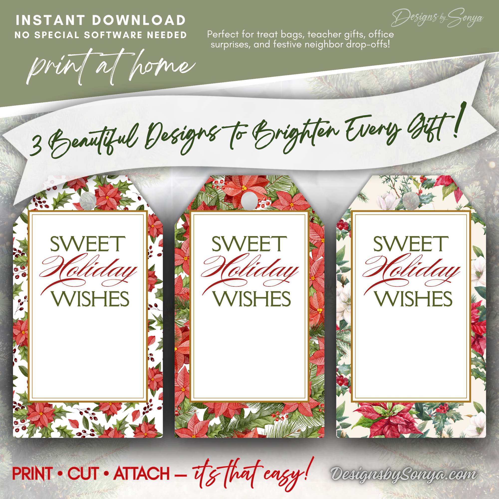 Printable Holiday Gift Tags 3 Designs
Three beautiful Christmas tag designs featuring poinsettias and holly, perfect for brightening every holiday gift. Print, cut, and attach.
