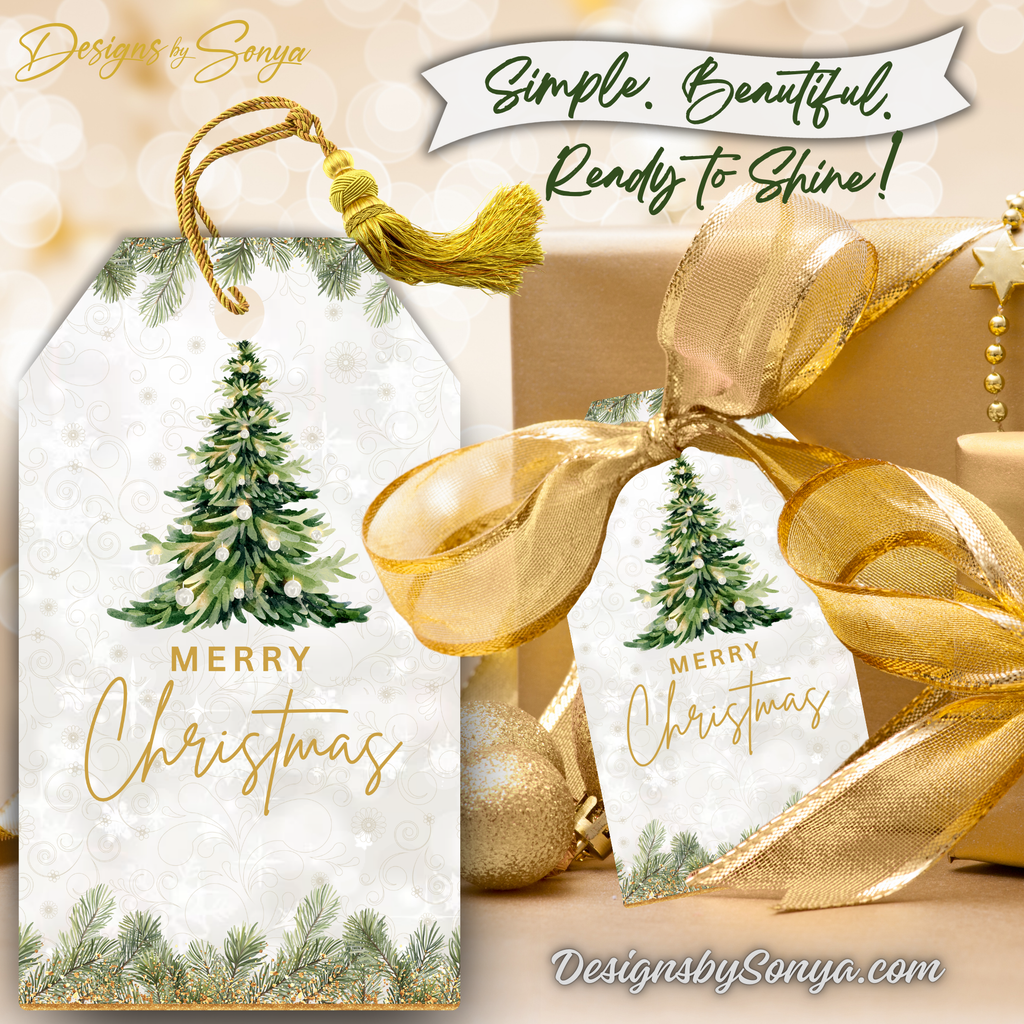 Gold Ribbon Package (Simple. Beautiful. Ready to Shine!)
Printable Merry Christmas tree gift tag styled with elegant gold ribbon. Banner reads “Simple. Beautiful. Ready to Shine!” for festive holiday wrapping.
