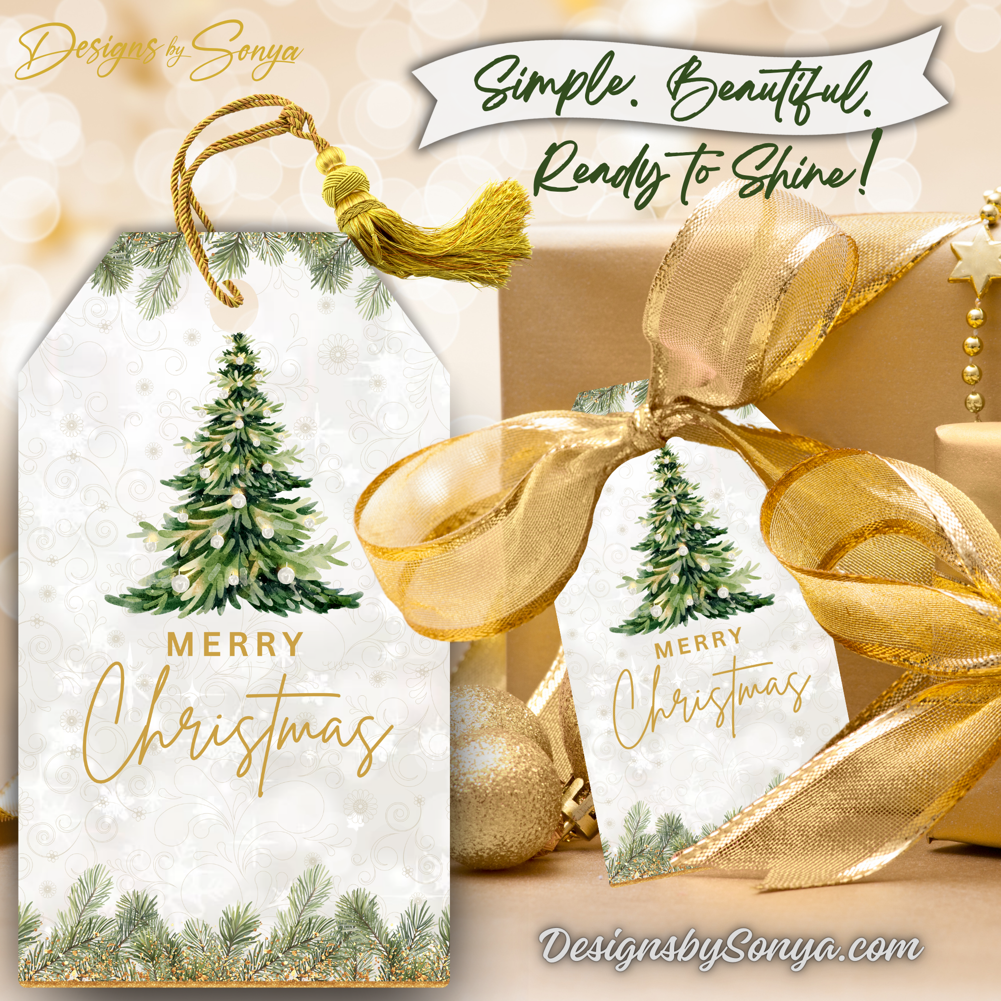 Gold Ribbon Package (Simple. Beautiful. Ready to Shine!)
Printable Merry Christmas tree gift tag styled with elegant gold ribbon. Banner reads “Simple. Beautiful. Ready to Shine!” for festive holiday wrapping.