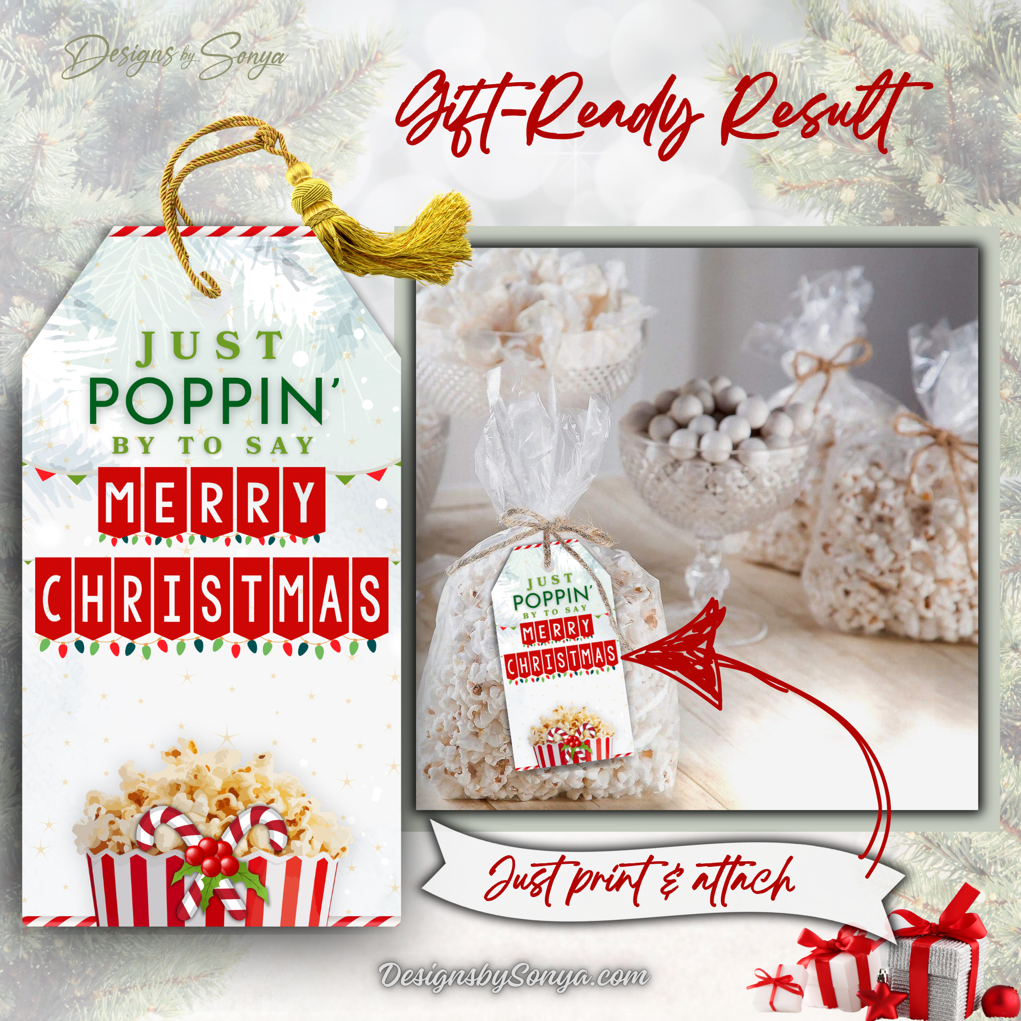 Gift-Ready Popcorn Tags Example – Printable holiday popcorn tags displayed on treat bags with popcorn and holiday candies, showing easy gift presentation.