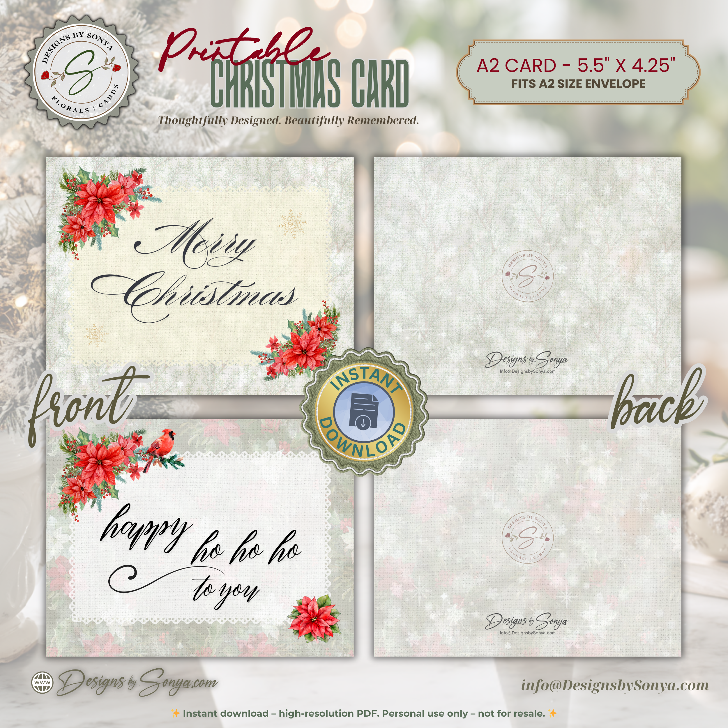 Printable Christmas Card Set of 3 • Watercolor Winter Florals • A2 Folded (5.5" x 4.25") Holiday Greeting Note Cards • Stationery Gift Set