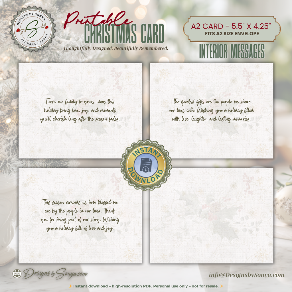 Printable Christmas Card Set of 3 • Watercolor Winter Florals • A2 Folded (5.5" x 4.25") Holiday Greeting Note Cards • Stationery Gift Set