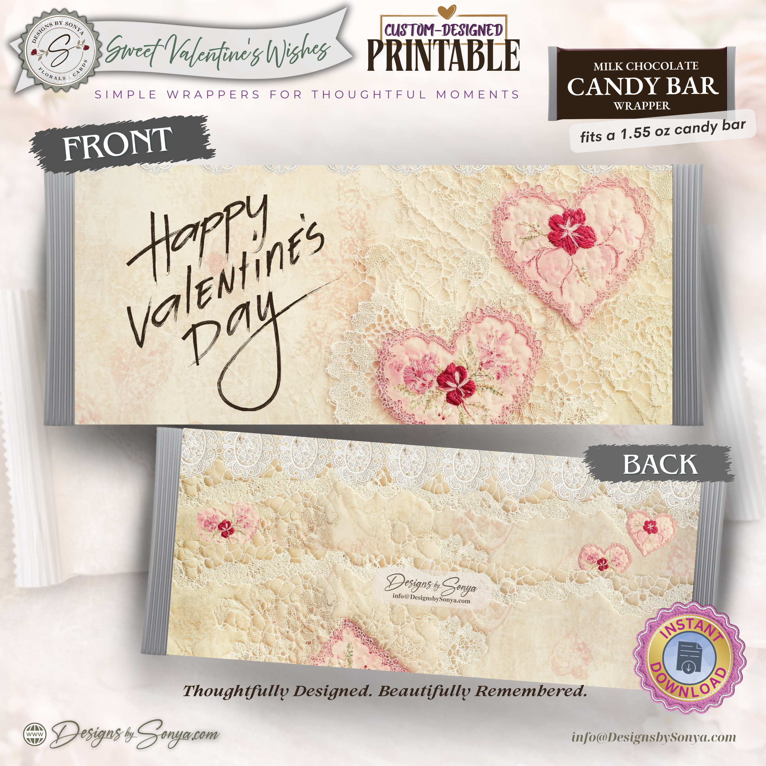 Valentine Candy Bar Wrapper Printable - Vintage Lace Heart Floral Chocolate Wrapper for 1.55 oz Candy Bar – Classroom Valentine Gift Idea