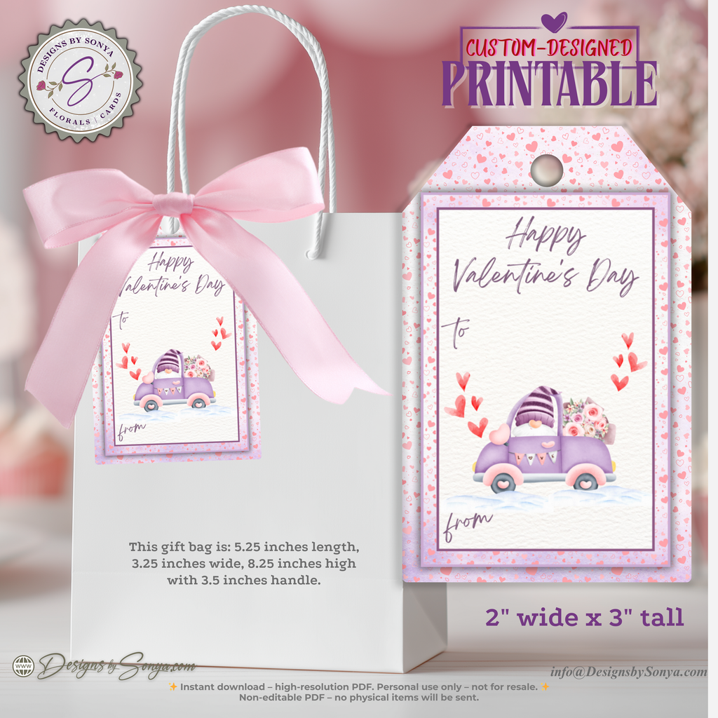 Valentine’s Day Printable Gift Tag – Cute Purple Car & Hearts – 2x3 Treat Bag Tag for Classroom Gifts, Teachers, Kids, Neighbors, DIY Valentine