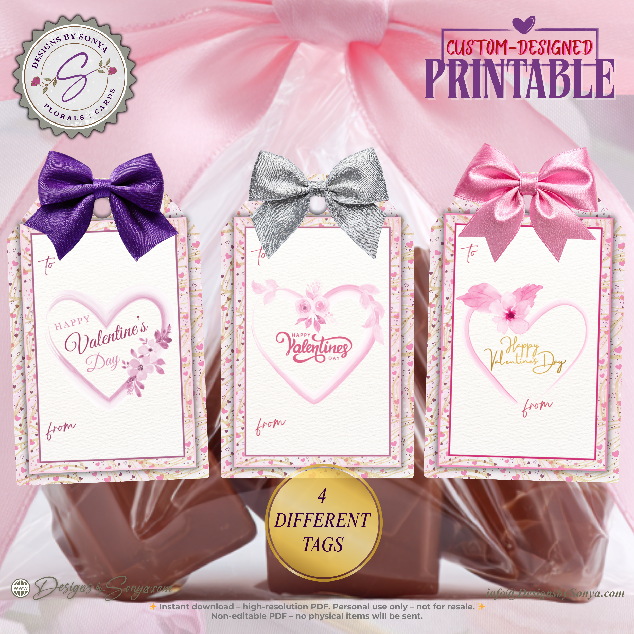 Valentine’s Day Printable Gift Tags – 4 Cute Heart Designs – 2x3 Treat Bag Tags for Classroom Gifts, Teachers, Kids, Party Favors – Instant Download