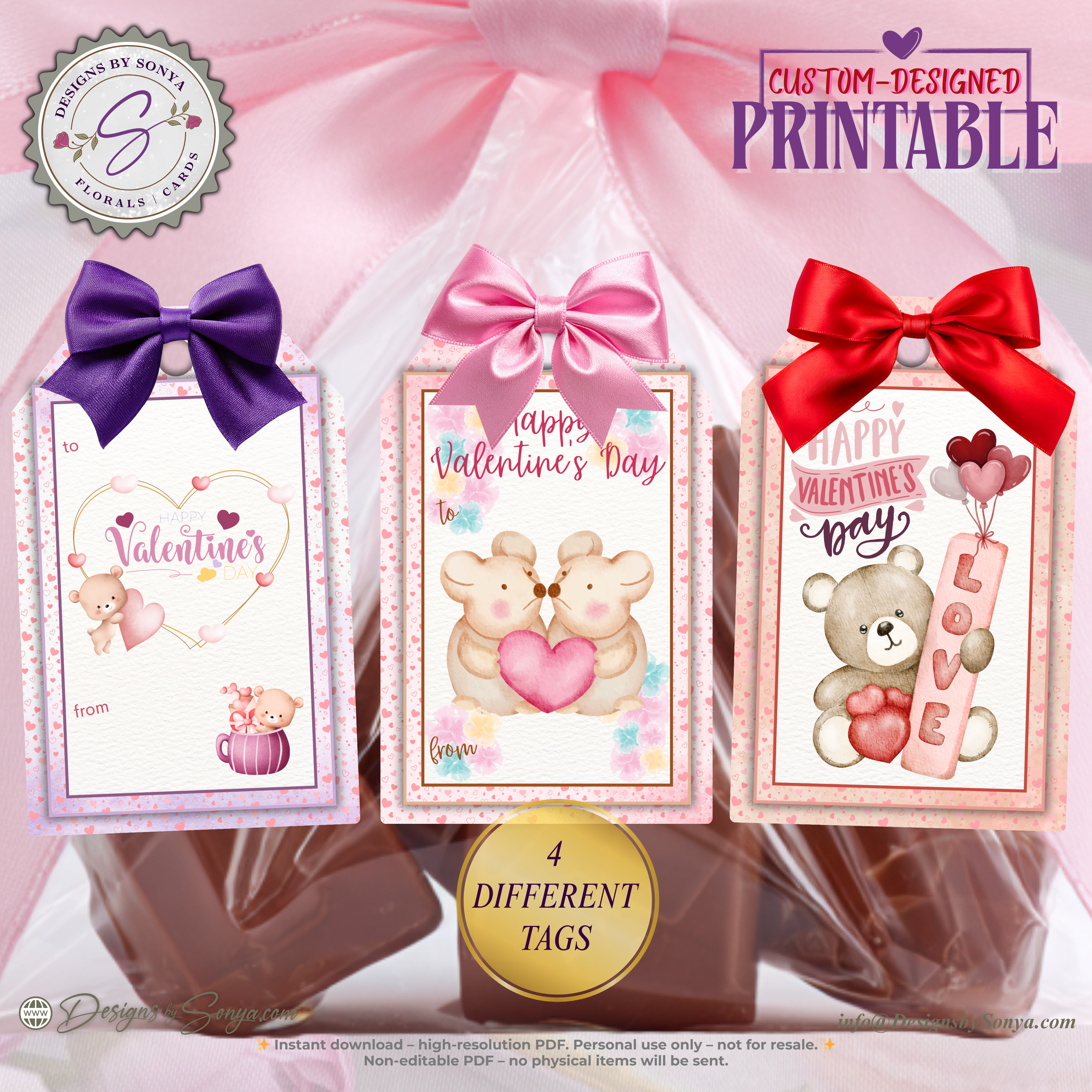 Valentine Printable Gift Tags – 4 Cute Designs for Classroom Favors, Treat Bags & Classroom Gifts – 2x3 Tags Instant Download PDF