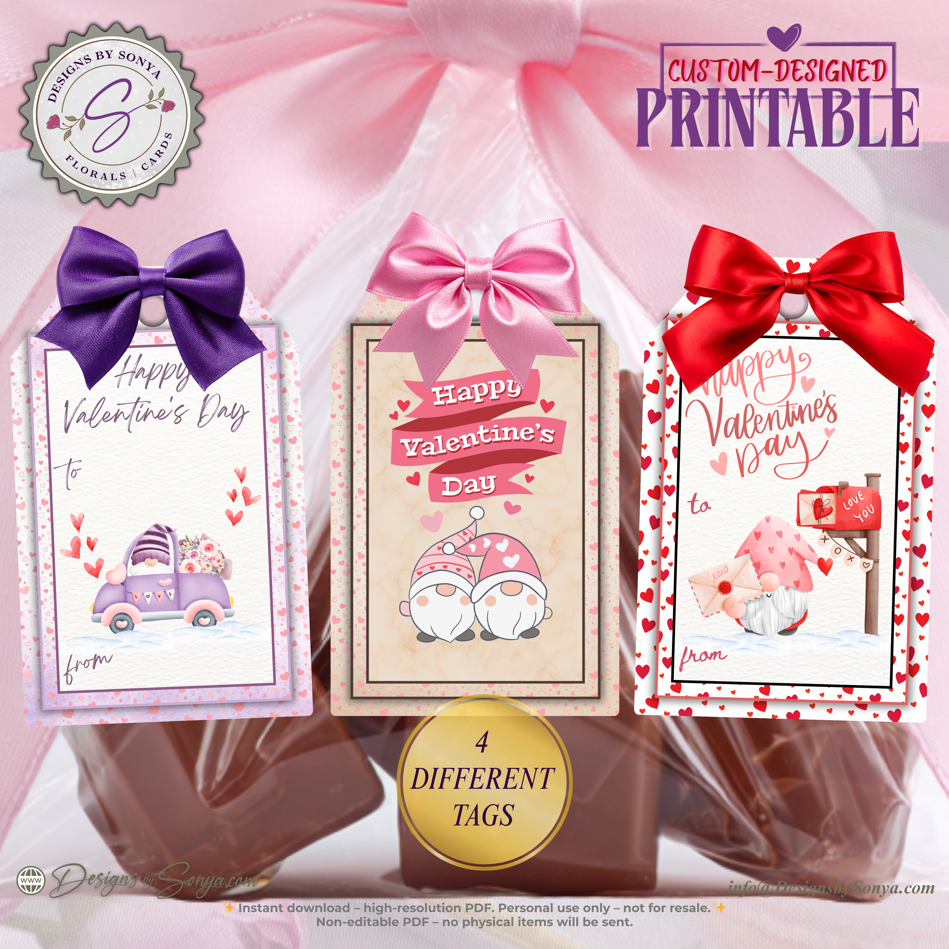 2×3 Valentine Printable Gift Tags – 4 Gnome Designs – Cute Holiday Treat Bag Tags for Classroom Parties, Teachers, Kids – DIY PDF Download