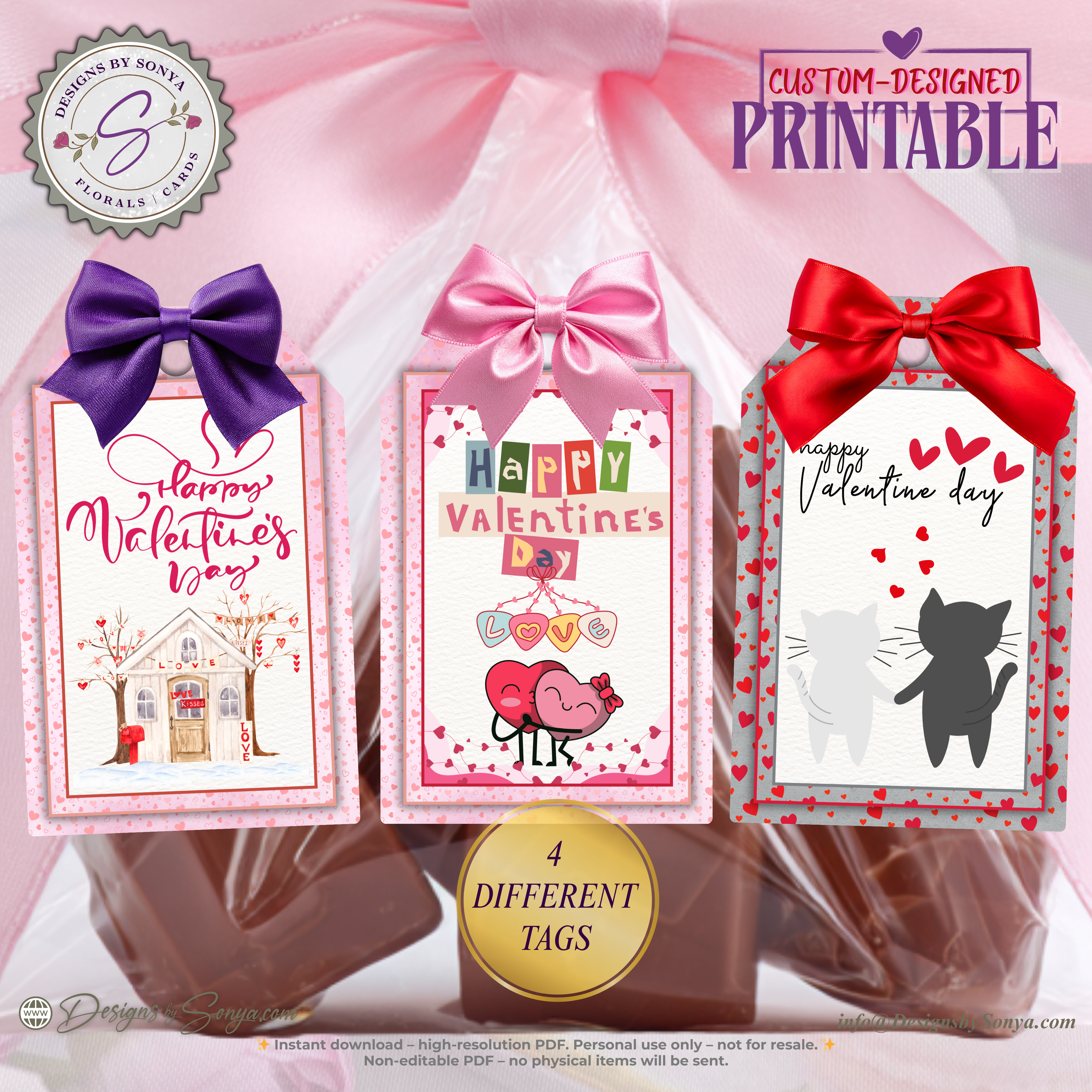 Valentine Printable Tags – 4 Designs – 2x3 Gift Tags for Treat Bags, Classroom Valentines, DIY Party Favors, Teachers, School, XOXO Hearts