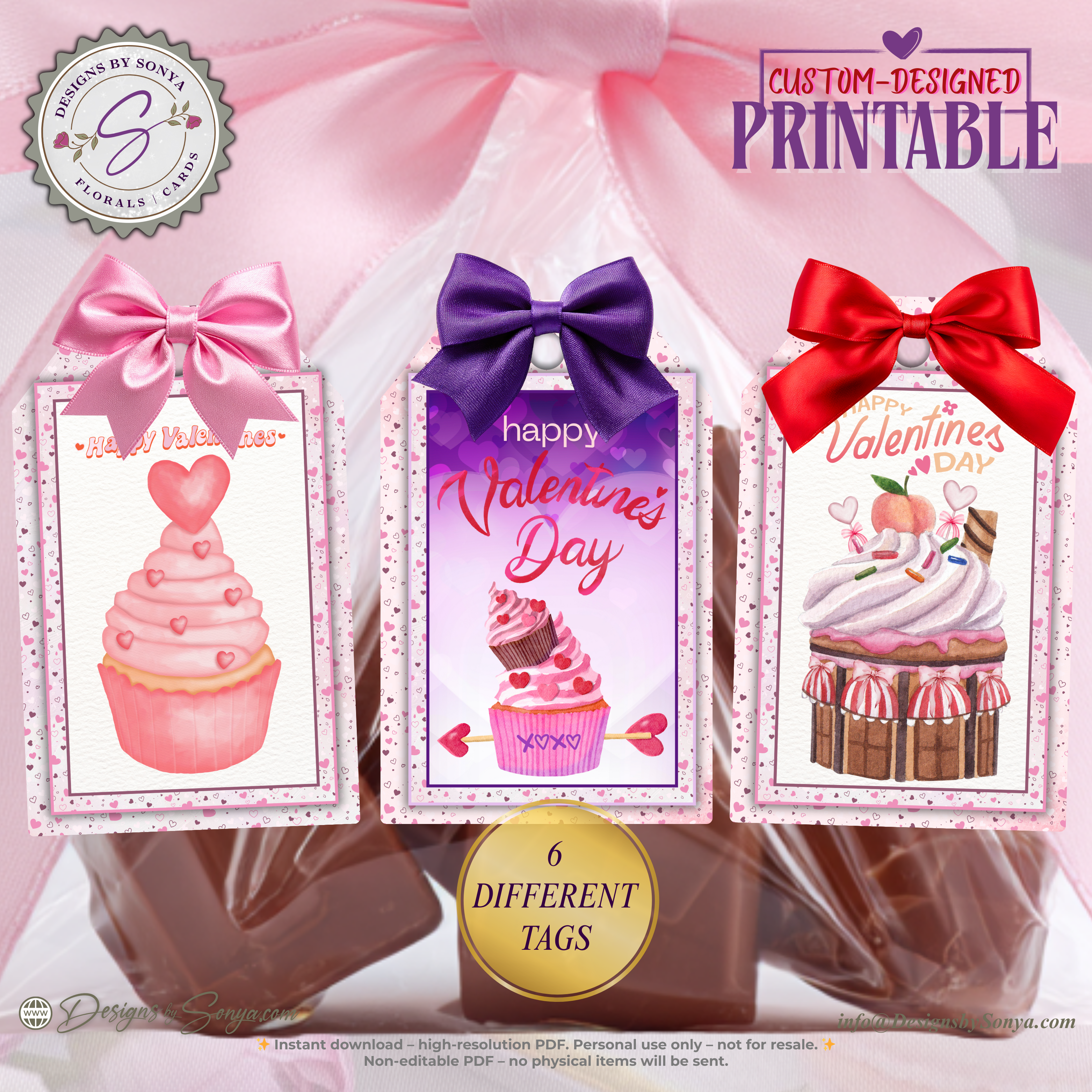 Valentine Printable Tags – Cupcake Designs – 6 Different 2x3 Treat Bag Tags for Classroom Valentines, Teachers, Party Favors, DIY Gifts