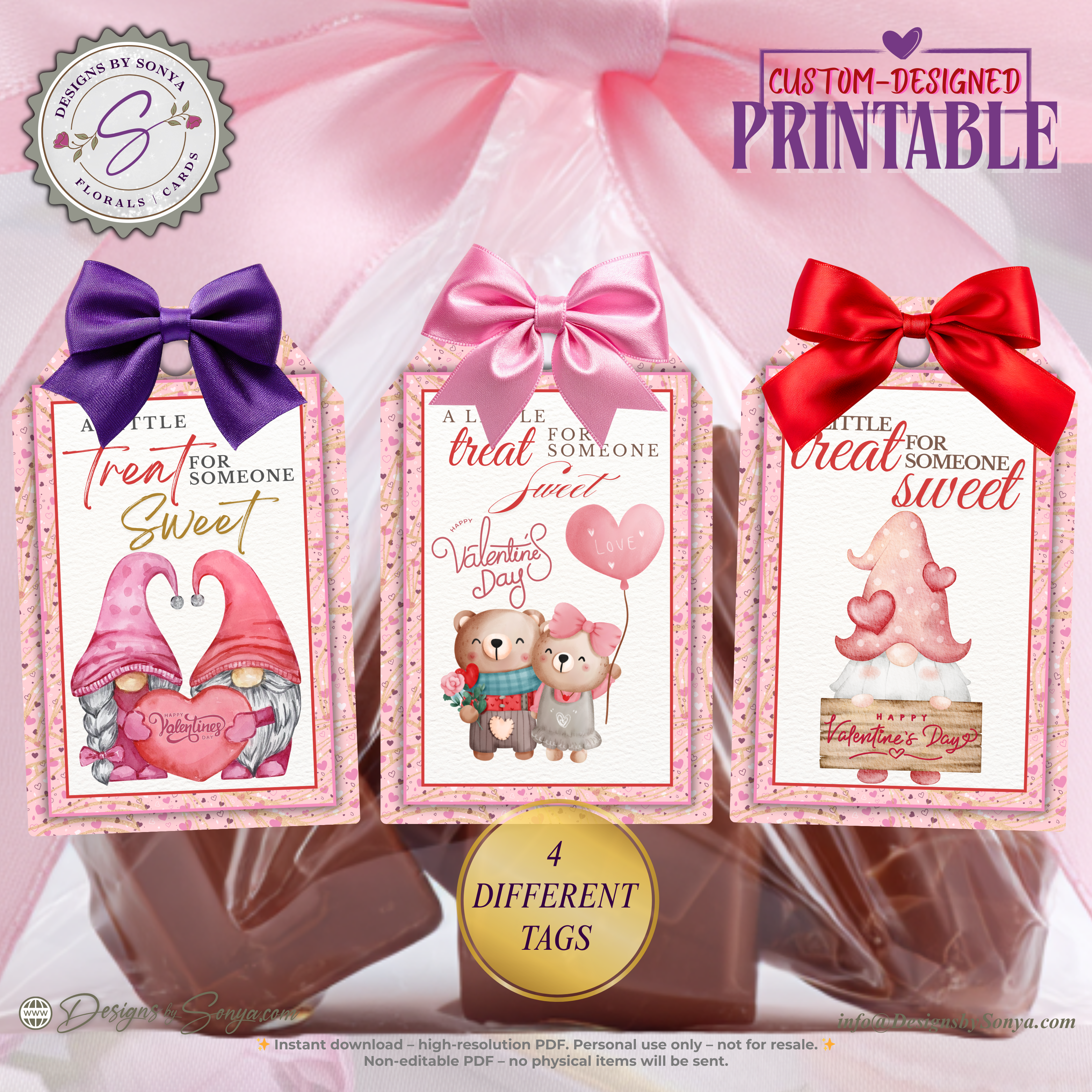 Valentine Printable Tags – Gnome Treat Tags – 4 Custom 2x3 Gift Tags for Classroom Valentines, Teachers, Party Favors, Cute DIY Candy Bags