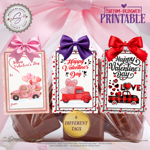 2×3 Valentine Printable Tags – Cupid Red Truck Designs – 6 Treat Bag Tags for Classroom Parties, Teachers, Kids – DIY PDF Download