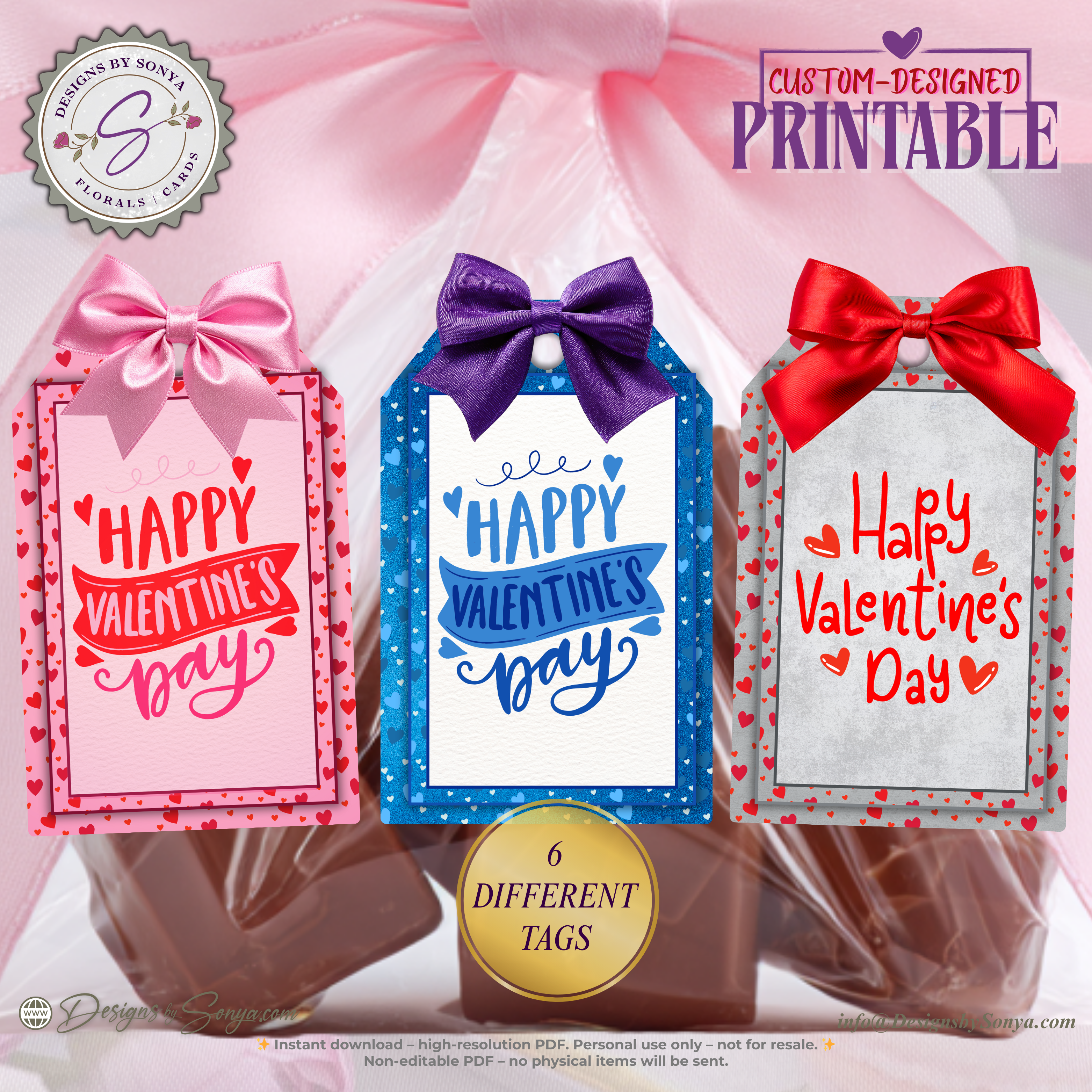 Valentine Printable Tags – 6 Designs – 2x3 Treat Bag Tags for Kids, Classroom Favors, Teachers, School Parties, DIY Valentines, XOXO Hearts