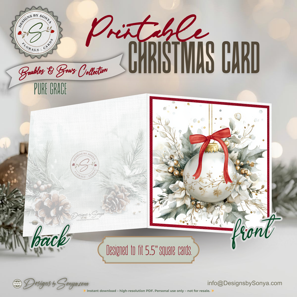 Printable Christmas Card – Watercolor Ornament with Red Bow, Holiday Greeting Card for Friends, Neighbors, Teachers, Coworkers, Family, Ministries