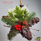 Rustic Pinecone Star Ornament Close View
Detailed closeup of farmhouse-style pinecone star ornament with faux holly leaves, pine sprigs, glossy red berries, and rustic bell accent.