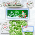 Green Candy Background Topper
Close-up printable bag topper with festive Christmas design and “Season’s Greetings” text shown above green candy for holiday gifting inspiration.