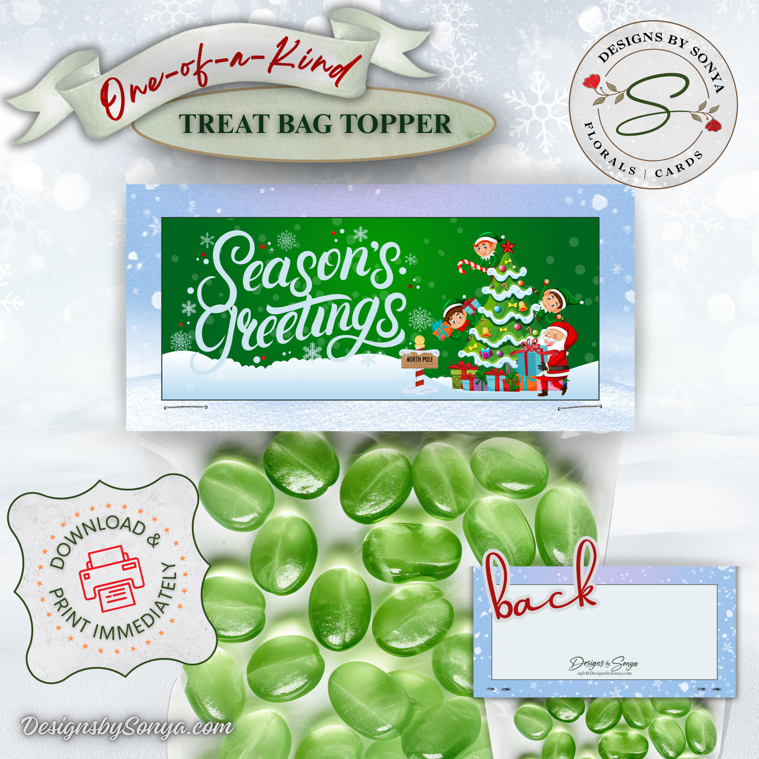 Green Candy Background Topper
Close-up printable bag topper with festive Christmas design and “Season’s Greetings” text shown above green candy for holiday gifting inspiration.