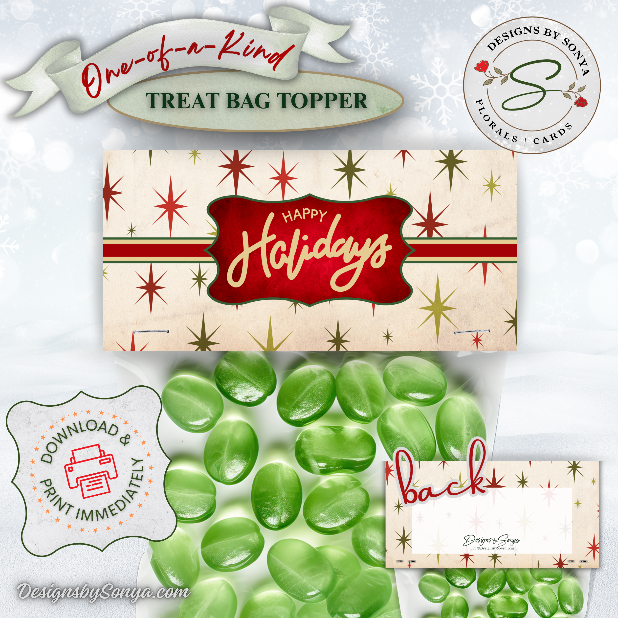 Closeup Front with Green Candy
“Happy Holidays” topper displayed over a bag of green candies; printable 4x2 design for DIY party favors; quick cut, fold, staple assembly; great for teachers and neighbors.