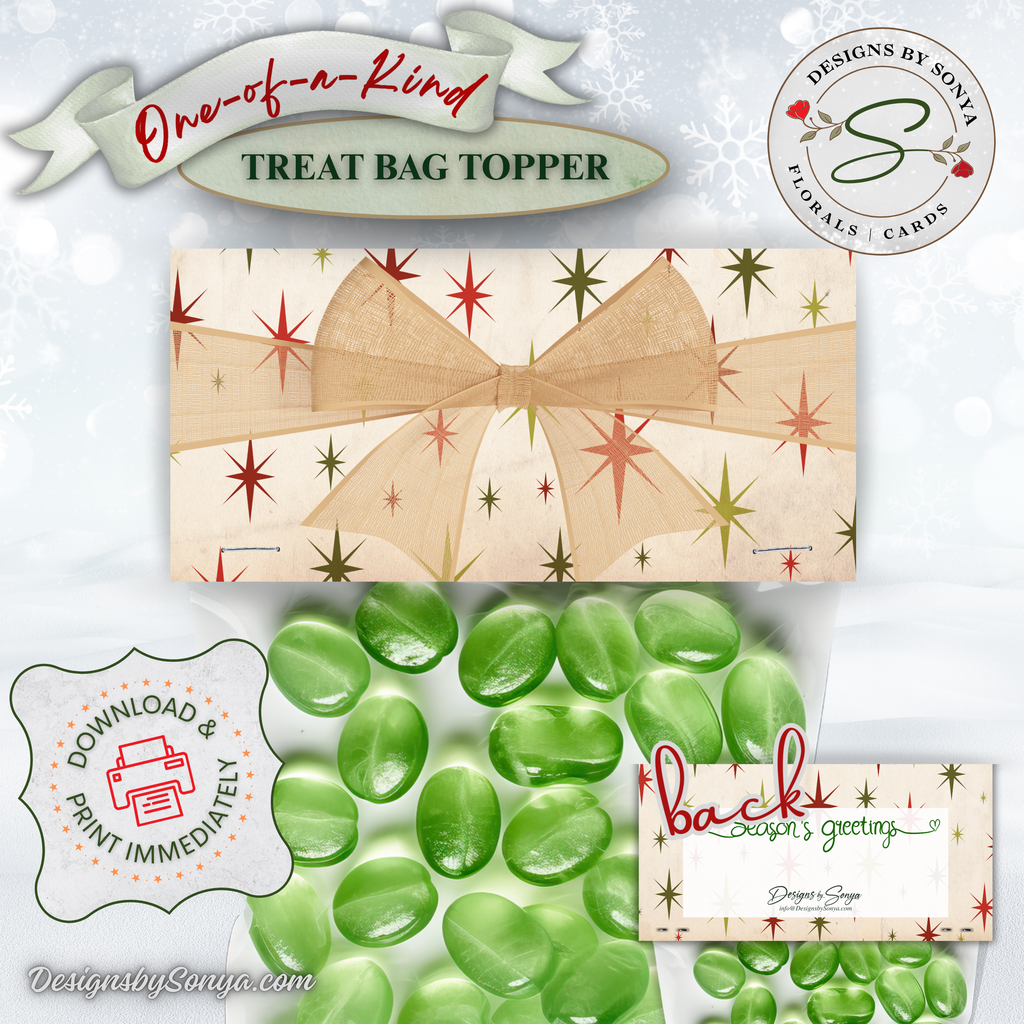 Seasons Greetings Printable Treat Bag Topper with Green Candy
Christmas printable bag topper with "Season’s Greetings" text, displayed with green candy in a clear treat bag, ideal for holiday favors for teachers, coworkers, or neighbors.