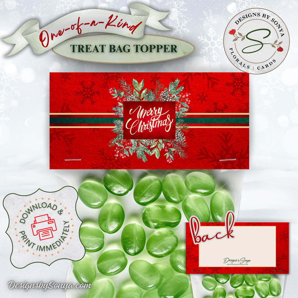 Merry Christmas Front with Green Candy
Front design with evergreen wreath and red background shown with green candy; printable Christmas bag topper for classroom parties, teachers, neighbors; easy cut, fold, staple assembly.
