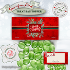 Merry Christmas Front with Green Candy
Front design with evergreen wreath and red background shown with green candy; printable Christmas bag topper for classroom parties, teachers, neighbors; easy cut, fold, staple assembly.