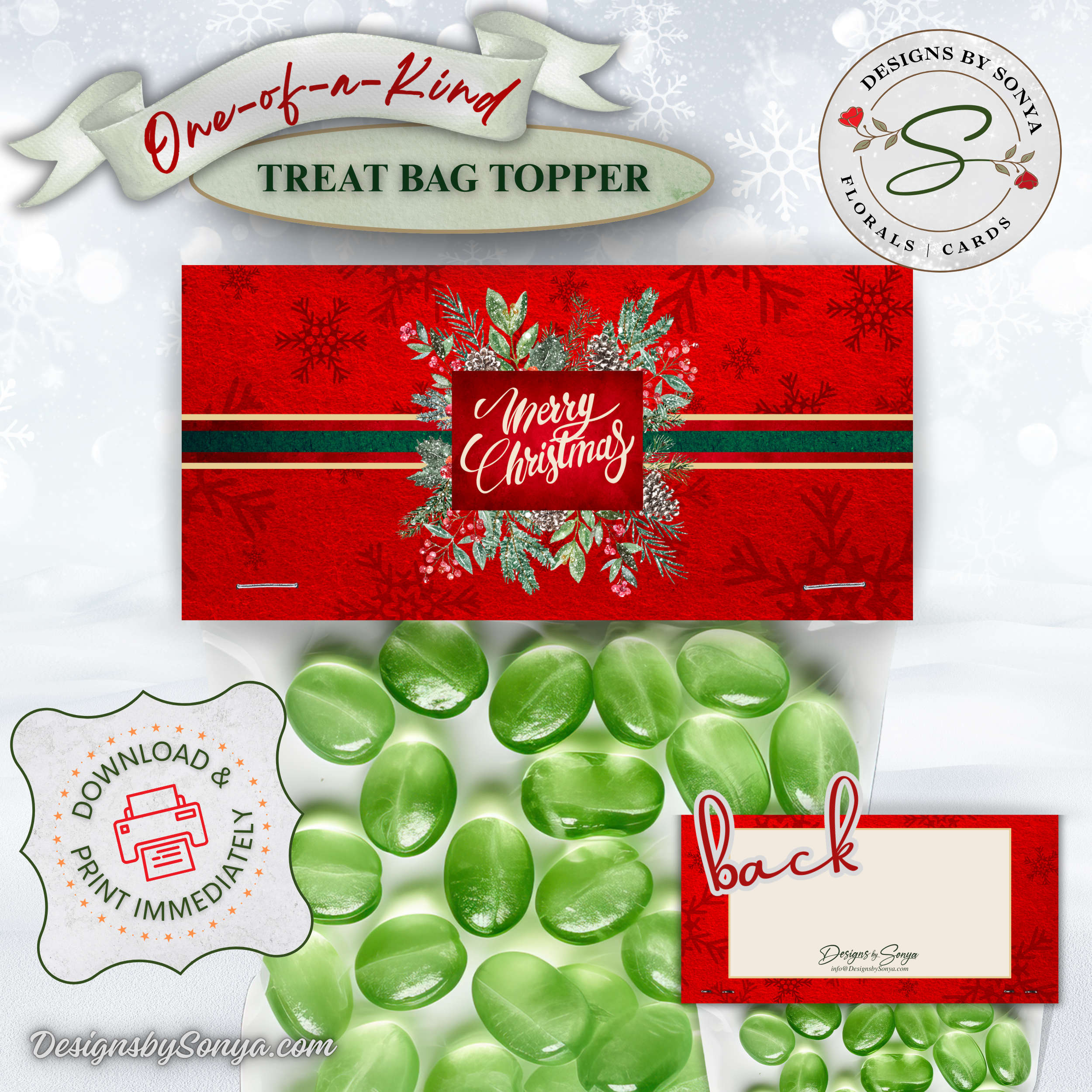 Merry Christmas Front with Green Candy
Front design with evergreen wreath and red background shown with green candy; printable Christmas bag topper for classroom parties, teachers, neighbors; easy cut, fold, staple assembly.