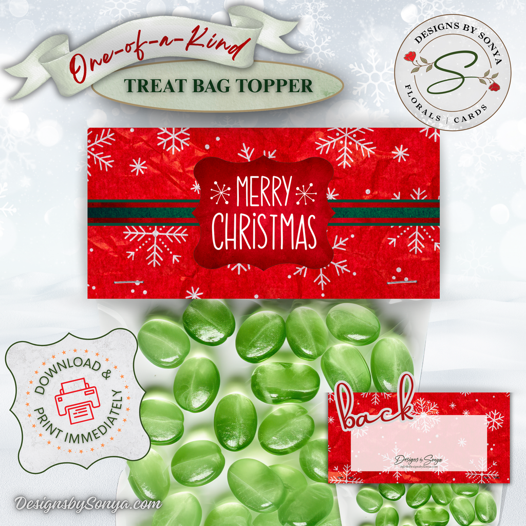 Merry Christmas Front with Green Candy
Close-up of the red snowflake topper over a bag of green candies; printable Christmas bag topper for parties, teachers, neighbors; easy cut, fold, staple assembly.