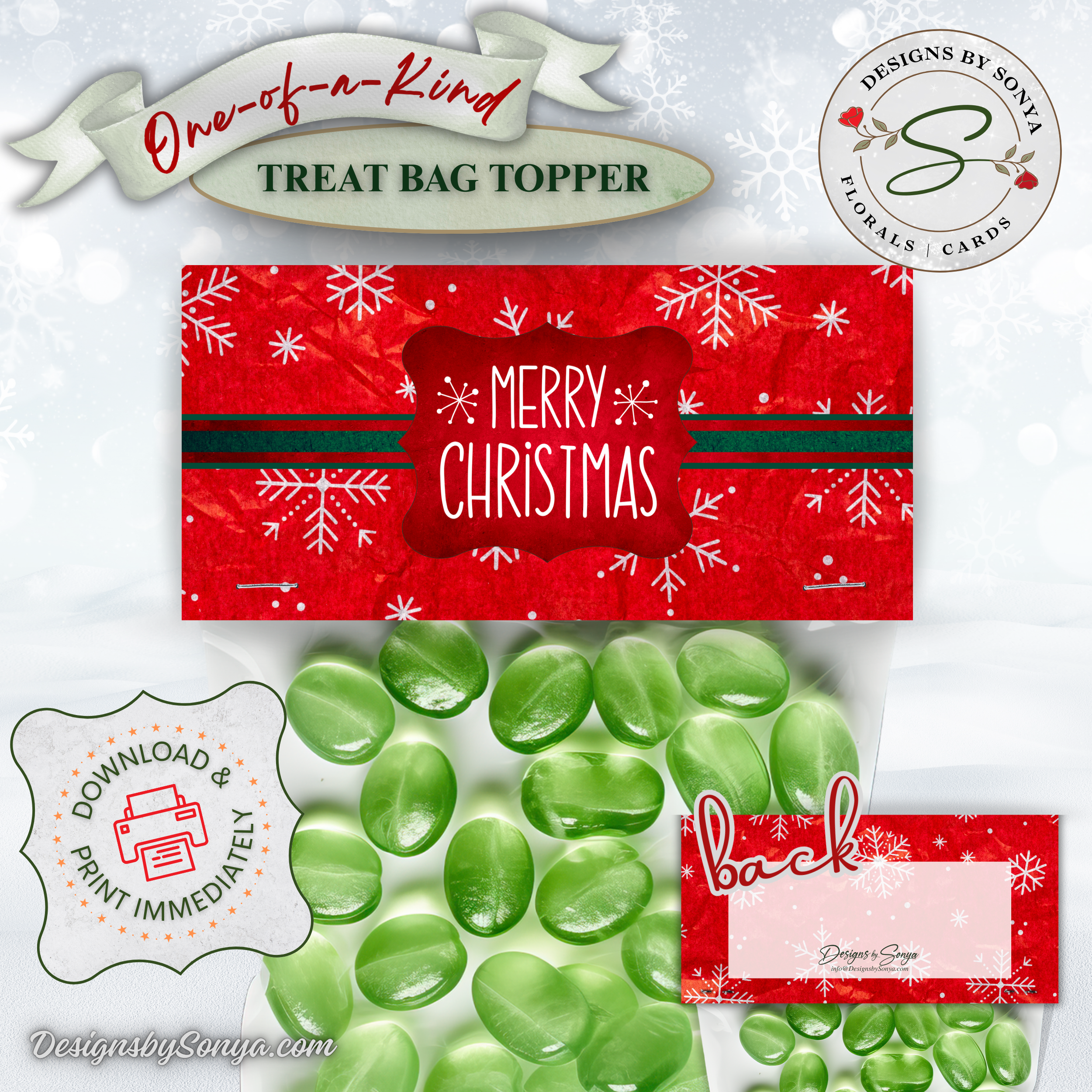 Merry Christmas Front with Green Candy
Close-up of the red snowflake topper over a bag of green candies; printable Christmas bag topper for parties, teachers, neighbors; easy cut, fold, staple assembly.