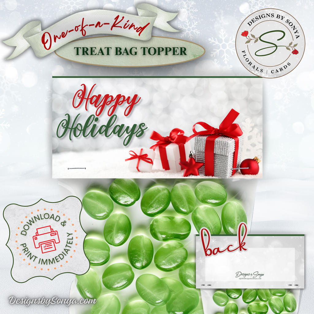 Holiday Topper with Green Candy
Red ribbon gift box design on topper with “Happy Holidays” greeting; mockup with candy bag; includes back panel labeled “back.”