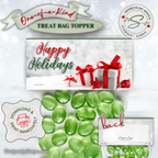 Holiday Topper with Green Candy
Red ribbon gift box design on topper with “Happy Holidays” greeting; mockup with candy bag; includes back panel labeled “back.”