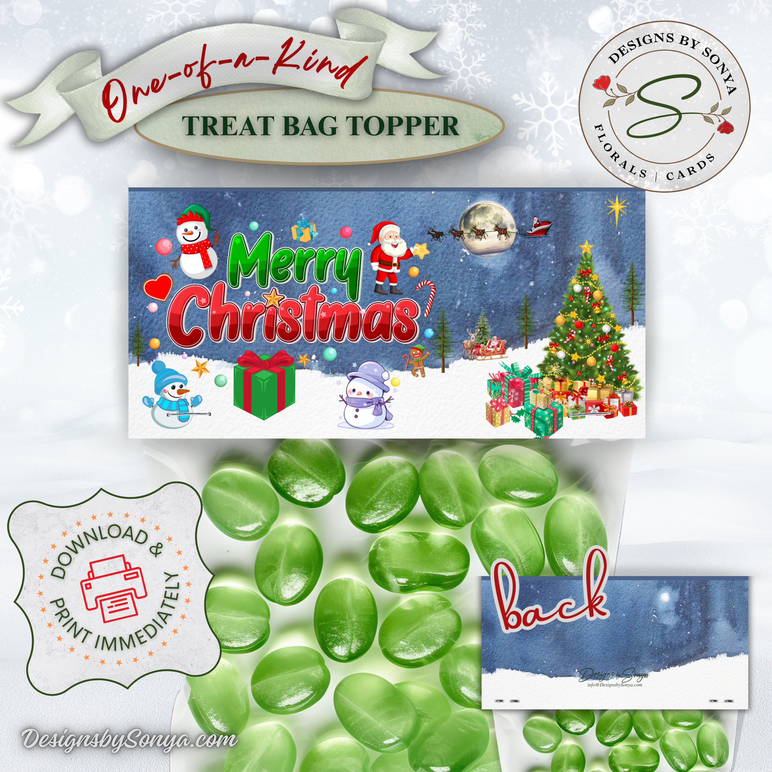 Topper with Back Preview
Close view of the Merry Christmas topper printable with green candies beneath; badge reads download and print immediately; small inset displays the coordinated back design; sized for 4x4 snack bags; instant download.