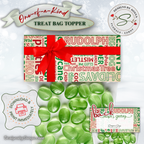 Front & Back Close-Up
Detailed front and back design of the Christmas topper featuring seasonal text and bold red bow, perfect for holiday party favors and DIY gifting.