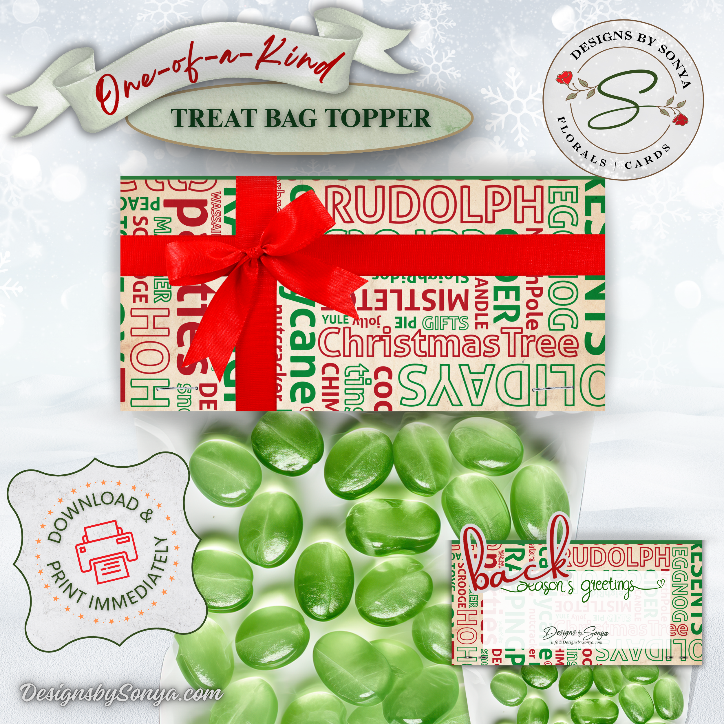 Front & Back Close-Up
Detailed front and back design of the Christmas topper featuring seasonal text and bold red bow, perfect for holiday party favors and DIY gifting.