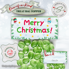 Topper with Back Preview
Close view of the Merry Christmas topper printable with green candies beneath; badge reads download and print immediately; small inset displays the coordinated back design; sized for 4x4 snack bags; instant download.