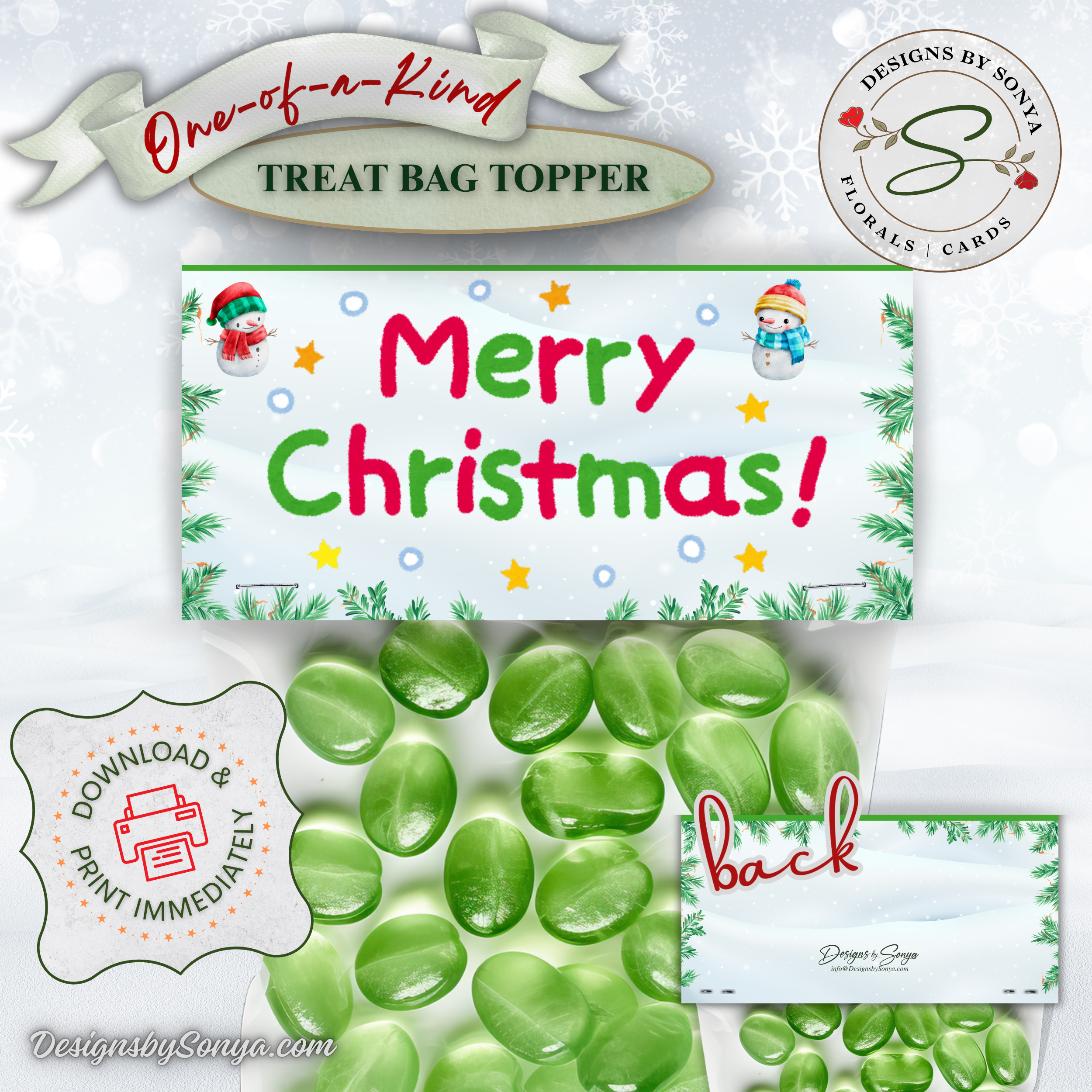 Topper with Back Preview
Close view of the Merry Christmas topper printable with green candies beneath; badge reads download and print immediately; small inset displays the coordinated back design; sized for 4x4 snack bags; instant download.