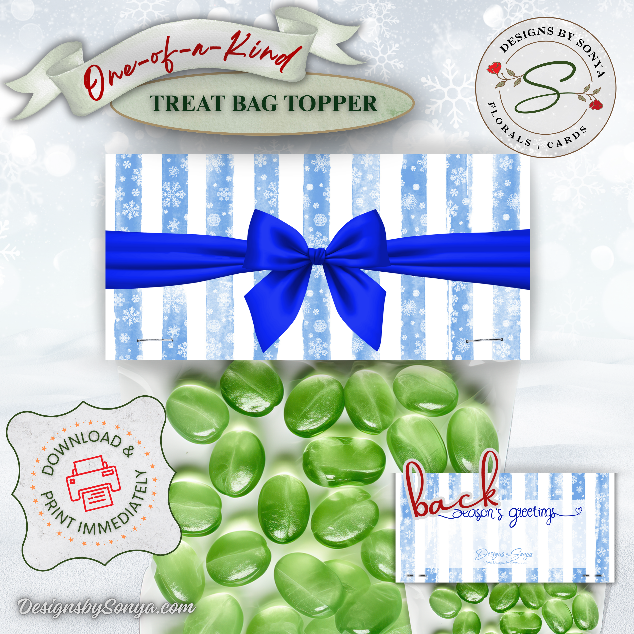 Season’s Greetings Topper with Green Candy
“Season’s greetings” front design on blue snowflake stripes over a clear treat bag filled with green candy; DIY printable favor for teachers, neighbors, and parties.