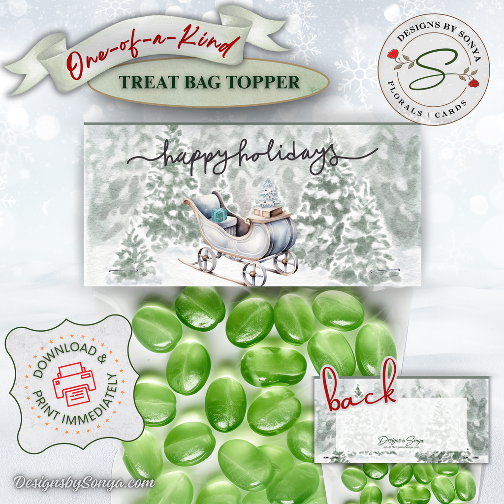 Sleigh Topper with Green Candy
Detailed mockup showing front and back of topper; features sleigh illustration with snow-covered trees and “Happy Holidays” message.