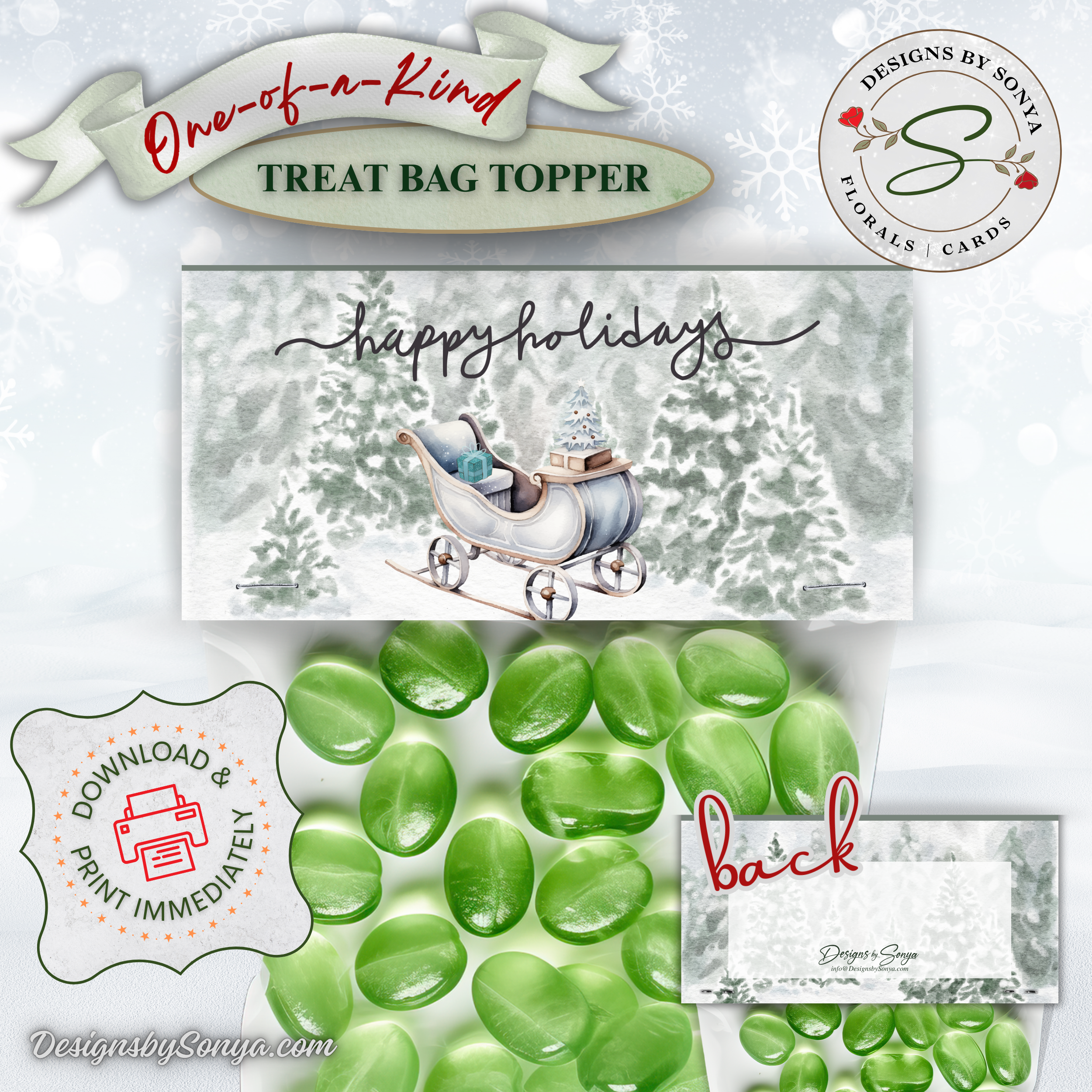 Sleigh Topper with Green Candy
Detailed mockup showing front and back of topper; features sleigh illustration with snow-covered trees and “Happy Holidays” message.