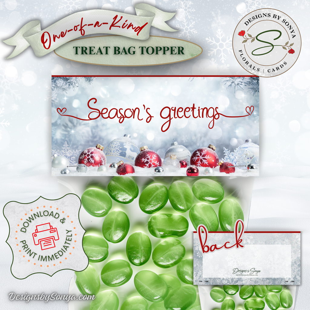Holiday Topper with Green Candy
Mockup showing topper design on a bag of green candies; includes close-up of front greeting and back panel for complete presentation.
