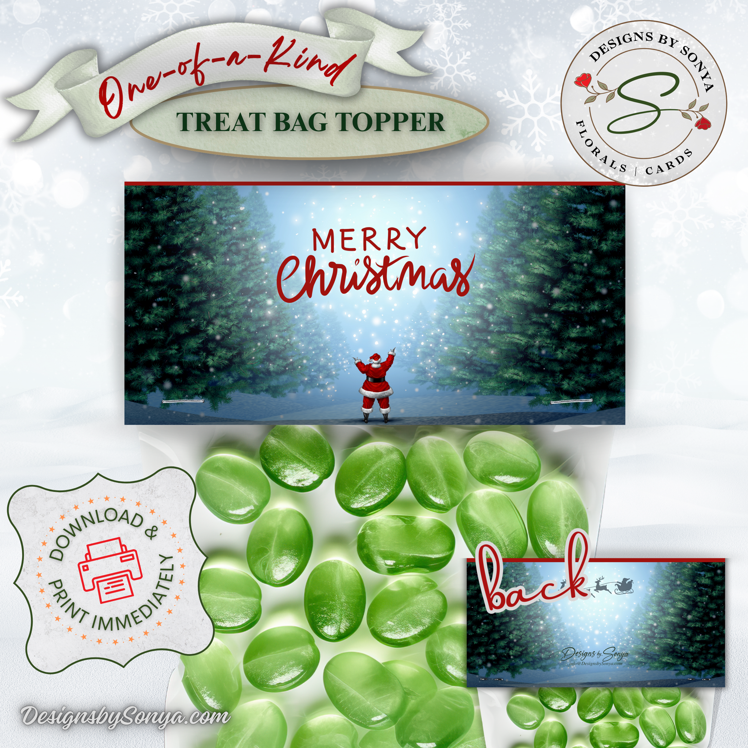 Seasons Greetings Printable Topper with Green Candy
Printable Merry Christmas treat bag topper shown with green candy. Features Santa and reindeer artwork with a snowy forest background.