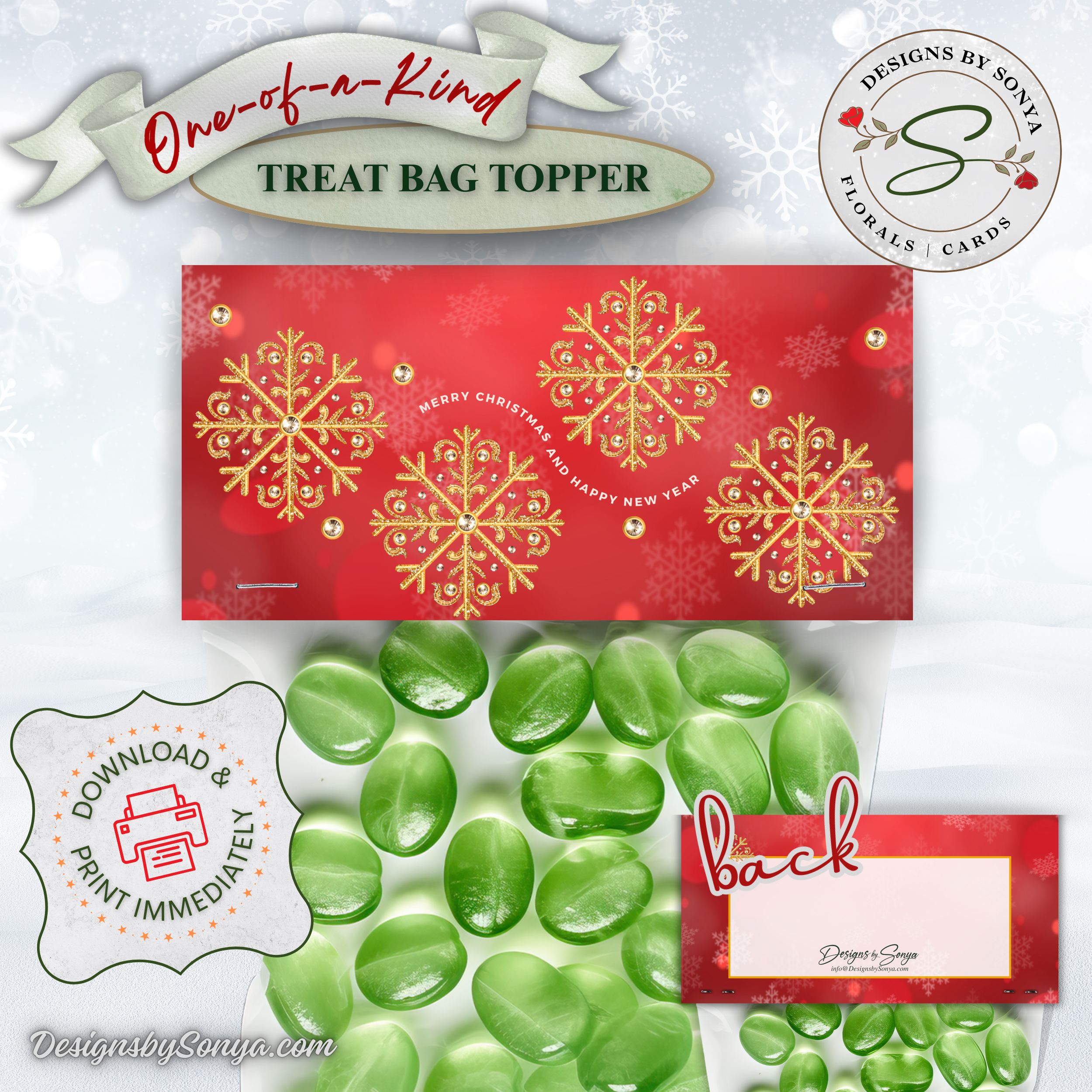 Seasons Greetings Topper with Green Candy
Red and gold snowflake printable bag topper shown on a candy bag; front design plus labeled back panel. DIY Christmas favor, 4x2 finished size, instant download for teachers, neighbors, and stocking stuffers.