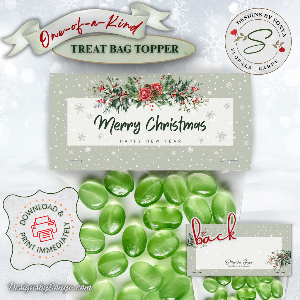 Seasons Greetings with Green Candy
Gray snowflake printable Christmas topper on bag filled with green candy; rustic florals with pinecones and berries; front and labeled back design shown.