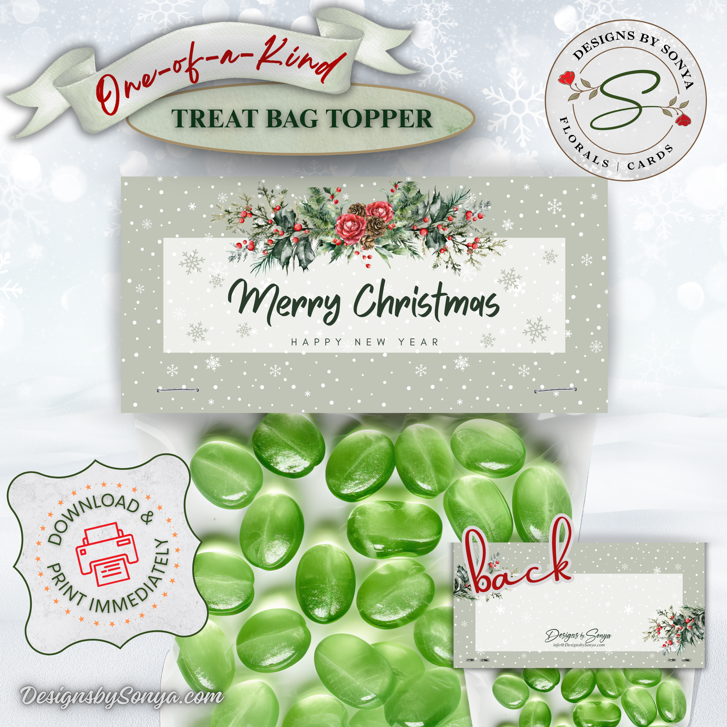 Seasons Greetings with Green Candy
Gray snowflake printable Christmas topper on bag filled with green candy; rustic florals with pinecones and berries; front and labeled back design shown.