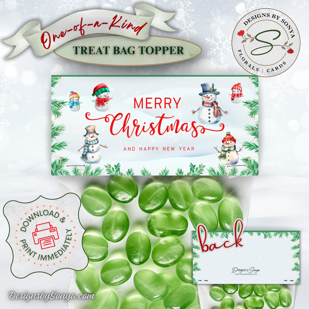 Closeup Front with Green Candy
Snowman and pine design on a soft snowy blue backdrop; 4x2 printable topper displayed over green candy; quick cut, fold, staple assembly; great for Christmas party favors.
