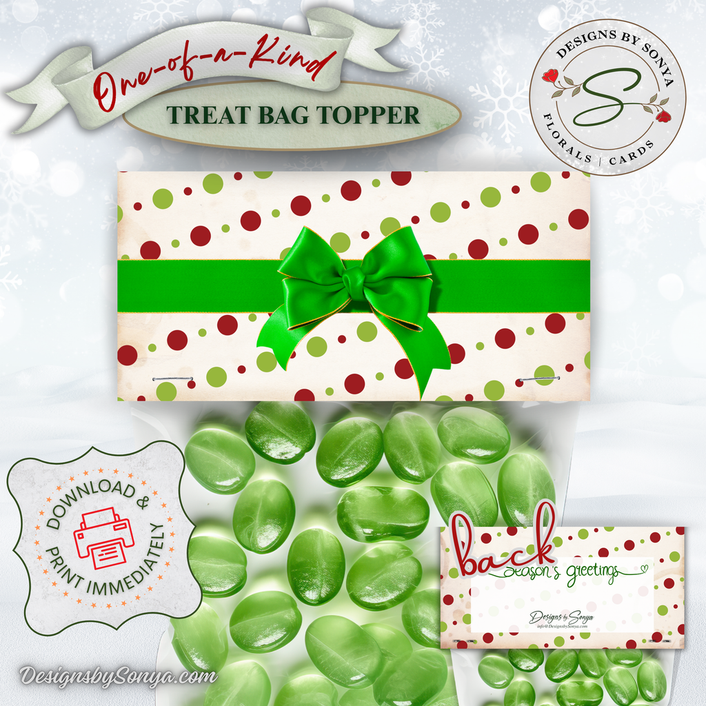 Close-Up Design
Front of topper shows green bow with red-and-green dot pattern. Back features “Season’s Greetings” text and dotted background. Includes “Download & Print Immediately” badge.