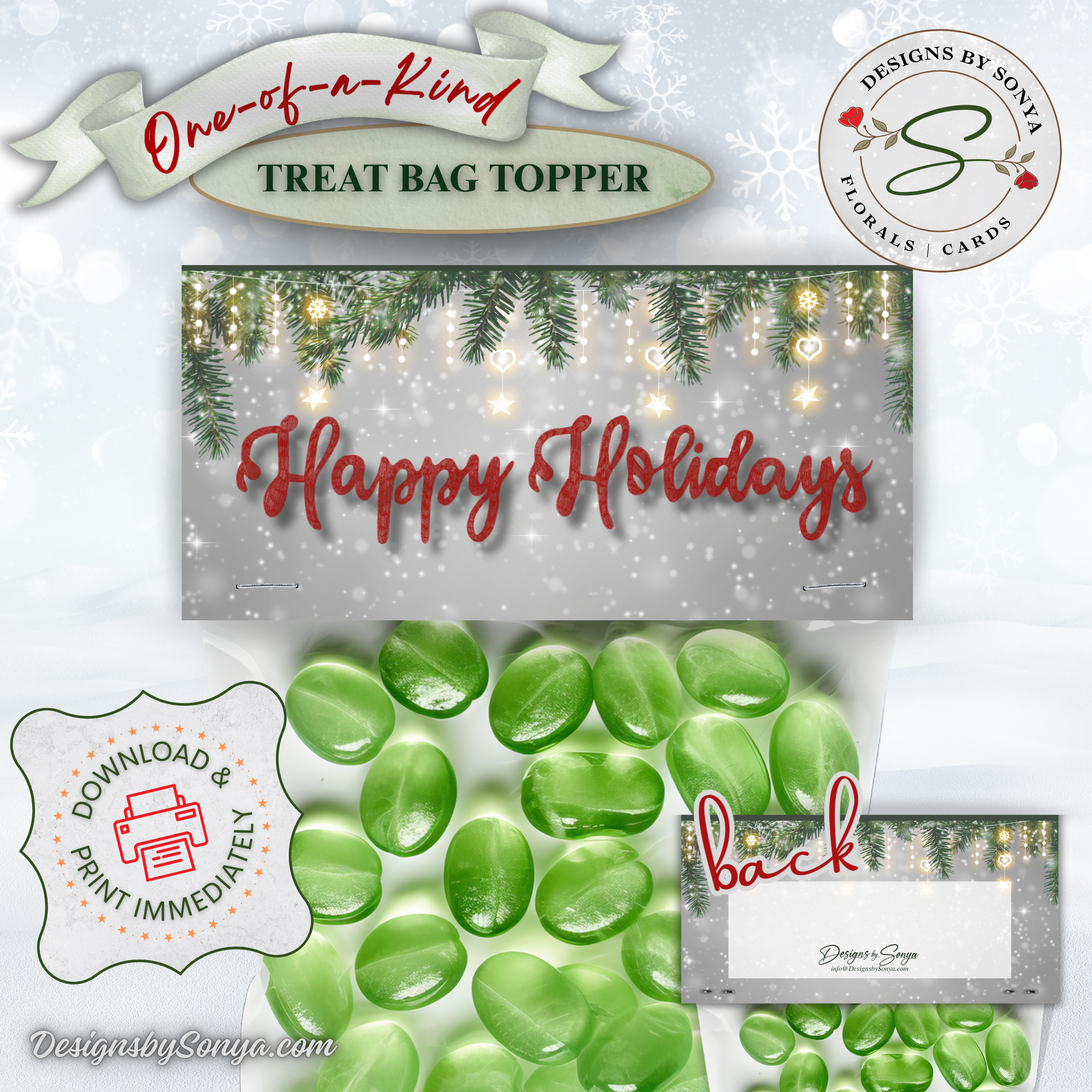 Holiday Topper with Green Candy
Close-up mockup of garland topper design on bag filled with green candies; includes “back” panel for full view.